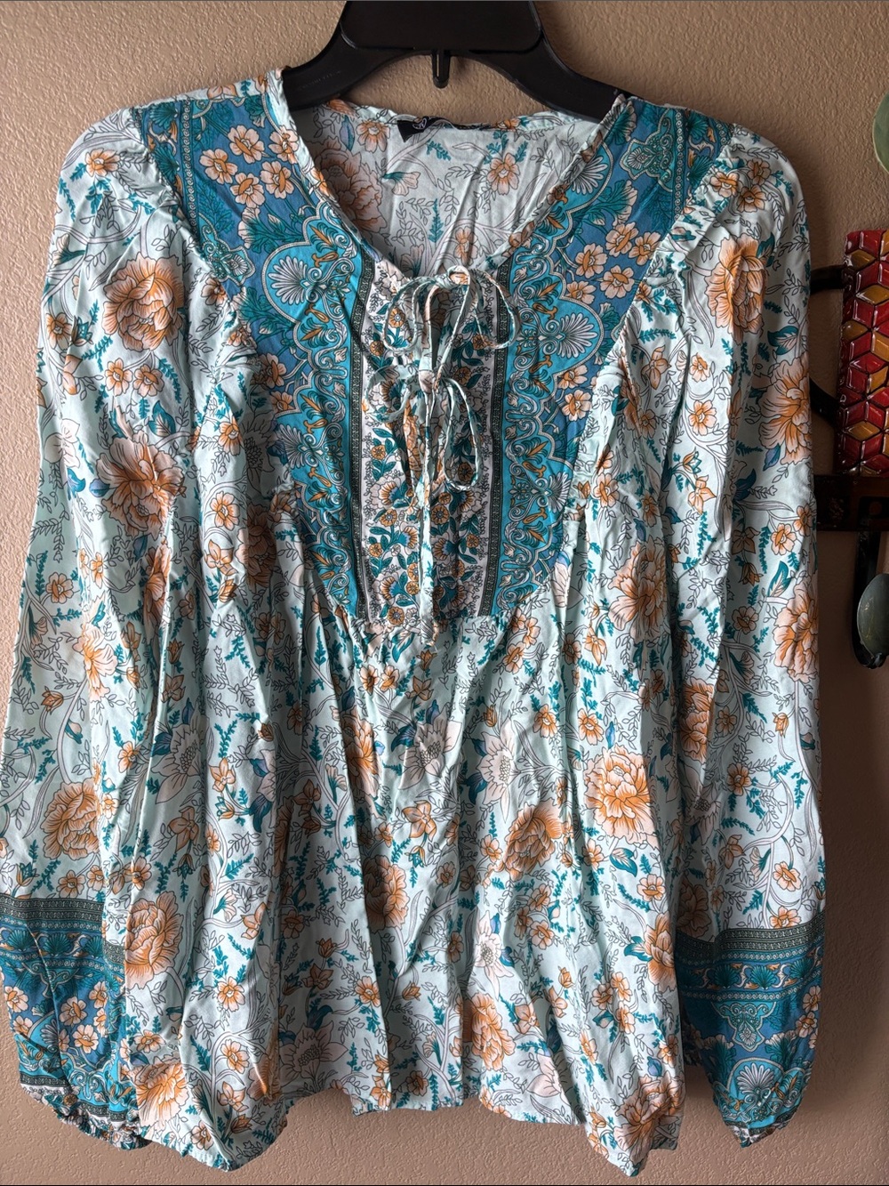 Boho Floral Peasant Top in Teal and Cream